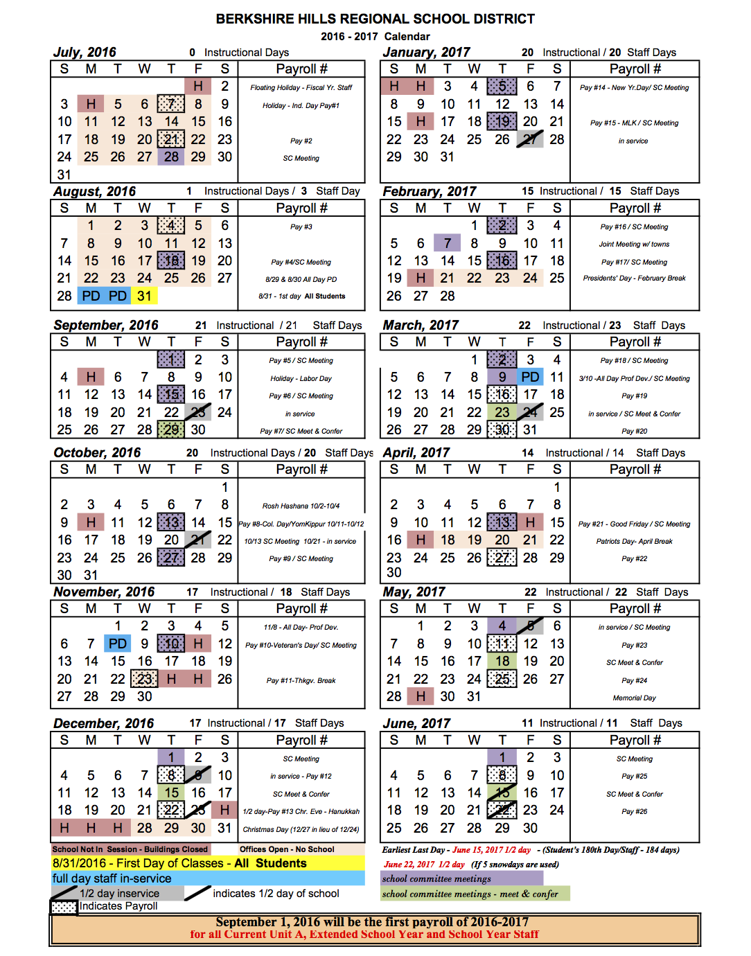 Berkshire Hills Regional School District School Calendar 201617