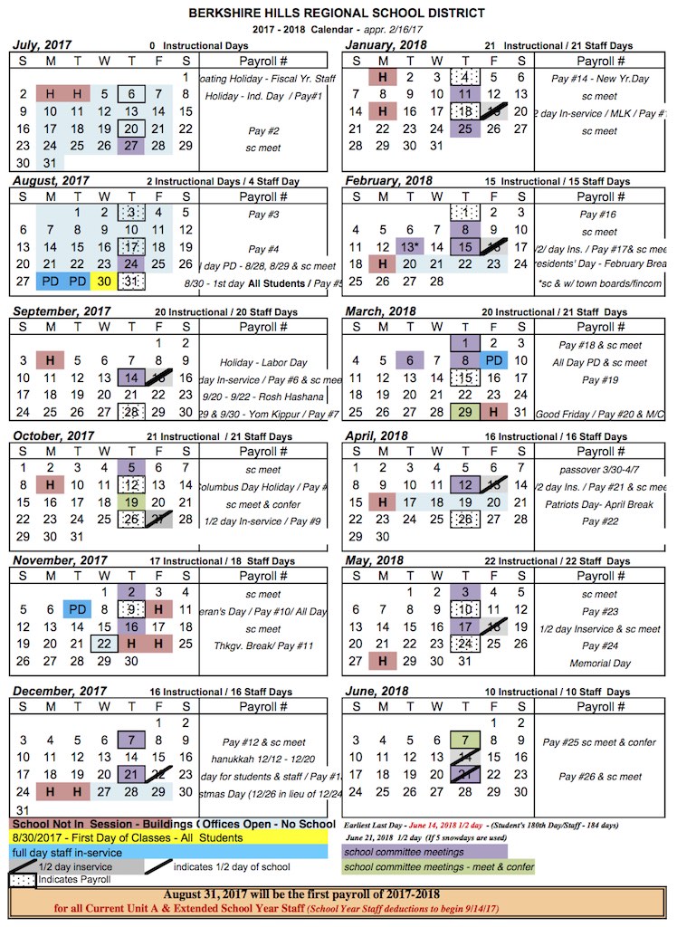 School Calendar 201718 Berkshire Hills Regional School District